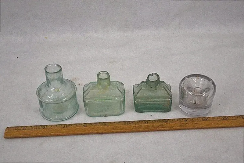 antique ink bottle lot , cottage, desk 4 sheared tops light aqua original 1800